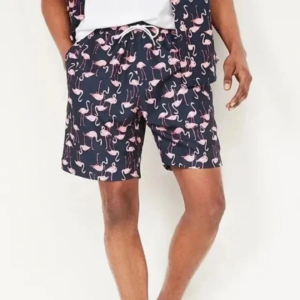 Old Navy Mens‎ Navy Blue Pink Flamingo Drawstring Swim Shorts with Pockets Beach